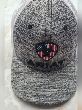 Ariat Heather Gray and White Trucker Hat with American Shield Patch